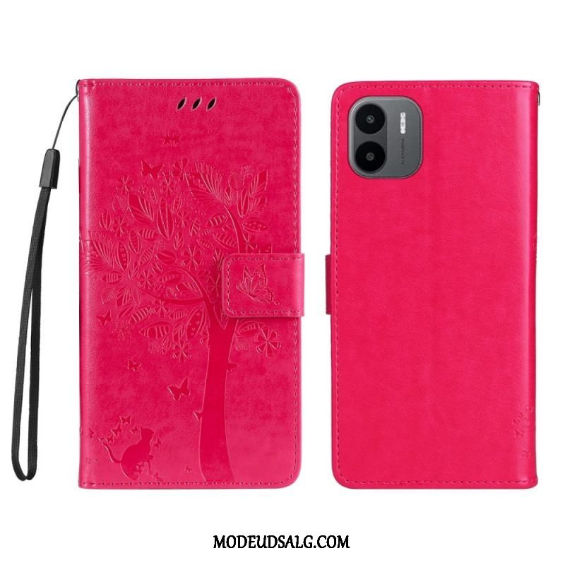 Flip Cover Xiaomi Redmi A1 Med Snor Træ Og Strappy Kat