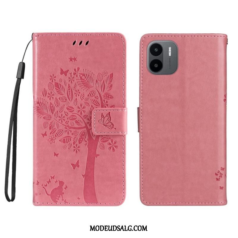 Flip Cover Xiaomi Redmi A1 Med Snor Træ Og Strappy Kat