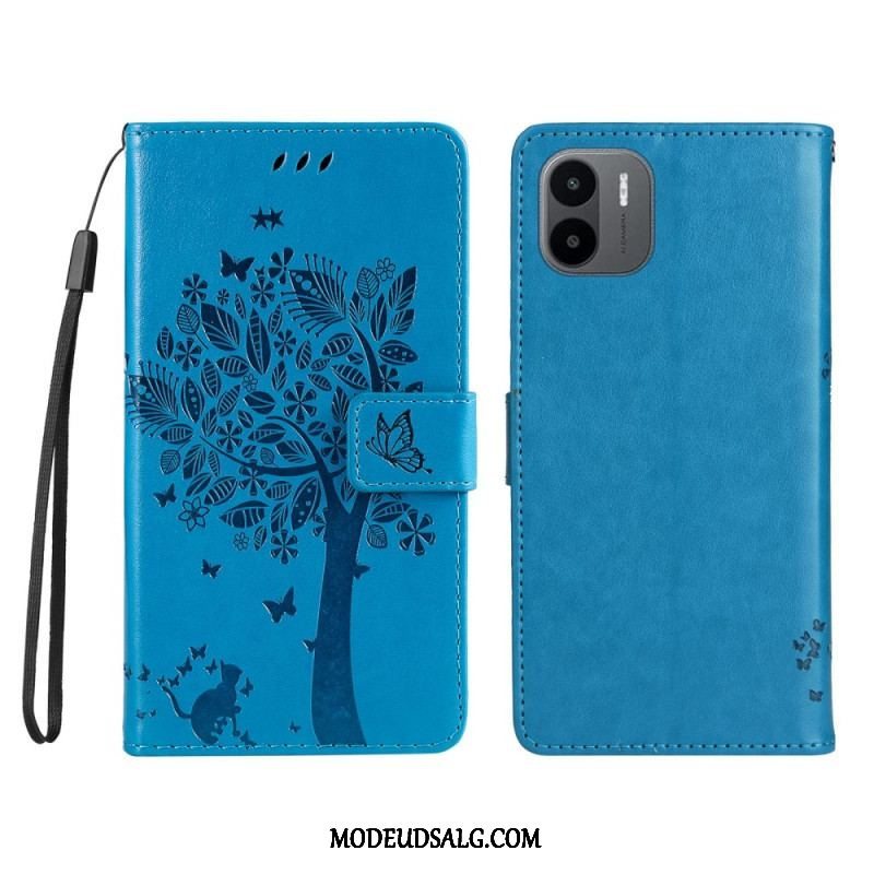 Flip Cover Xiaomi Redmi A1 Med Snor Træ Og Strappy Kat