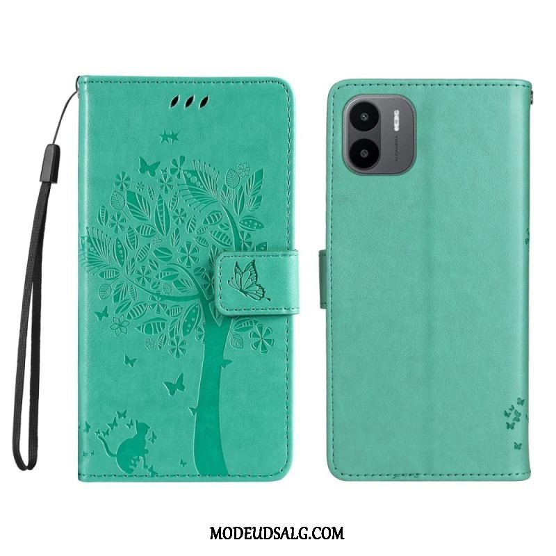 Flip Cover Xiaomi Redmi A1 Med Snor Træ Og Strappy Kat