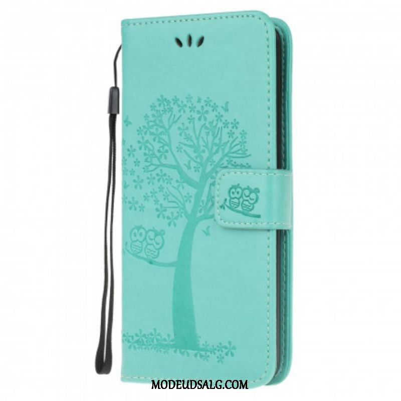 Flip Cover Xiaomi Redmi Note 10 / 10S Med Snor Thong Træ Og Ugler