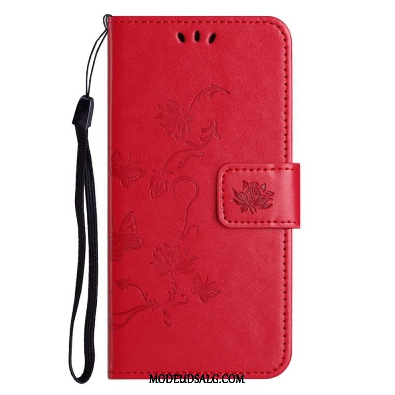 Flip Cover Xiaomi Redmi Note 12 4G Med Snor Blomster Og Sommerfugle Med Rem