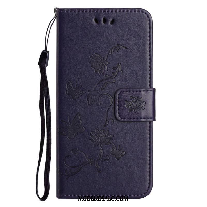 Flip Cover Xiaomi Redmi Note 12 4G Med Snor Blomster Og Sommerfugle Med Rem