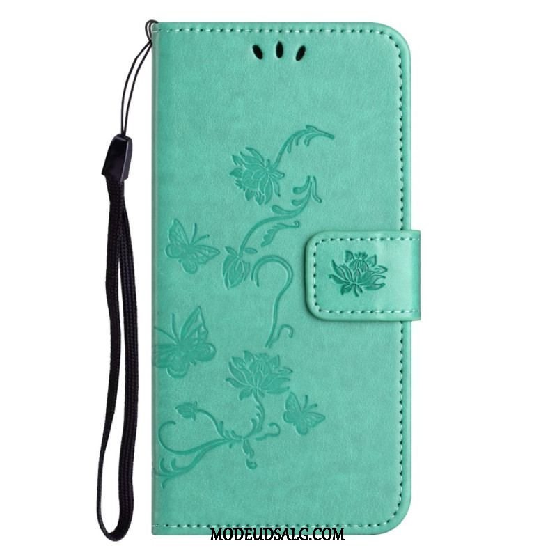 Flip Cover Xiaomi Redmi Note 12 4G Med Snor Blomster Og Sommerfugle Med Rem