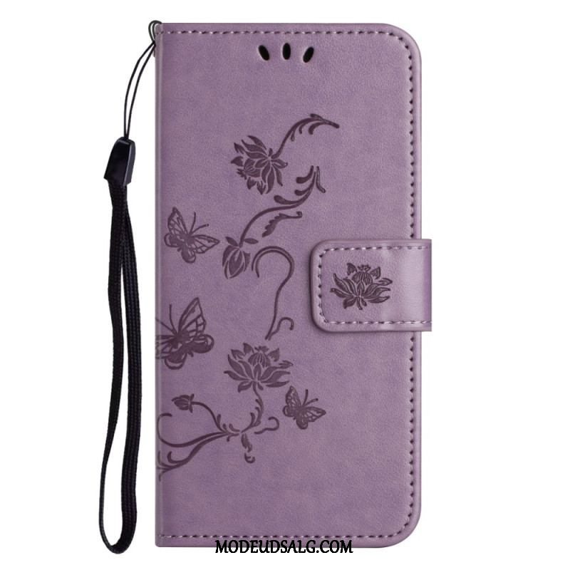 Flip Cover Xiaomi Redmi Note 12 4G Med Snor Blomster Og Sommerfugle Med Rem