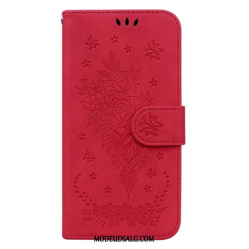 Flip Cover Xiaomi Redmi Note 12 4G Med Snor Strappy Roser Og Sommerfugle