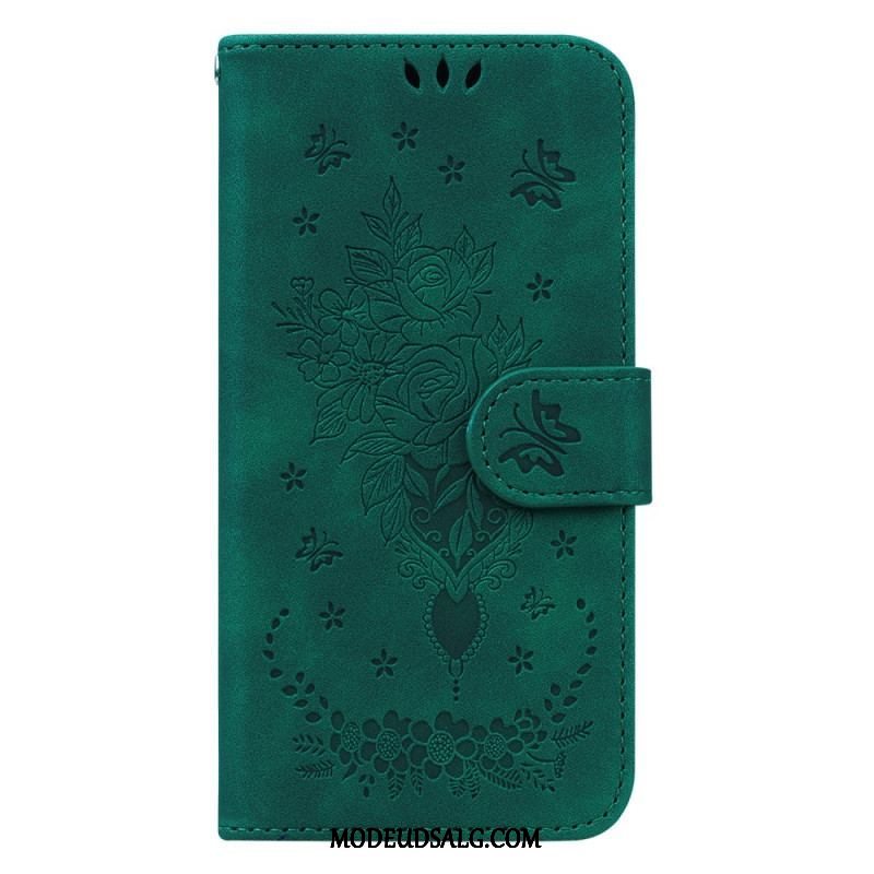 Flip Cover Xiaomi Redmi Note 12 4G Med Snor Strappy Roser Og Sommerfugle