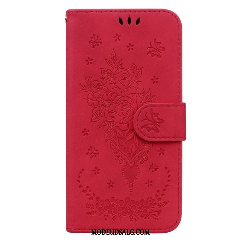 Flip Cover Xiaomi Redmi Note 12 5G Med Snor Strappy Roser Og Sommerfugle