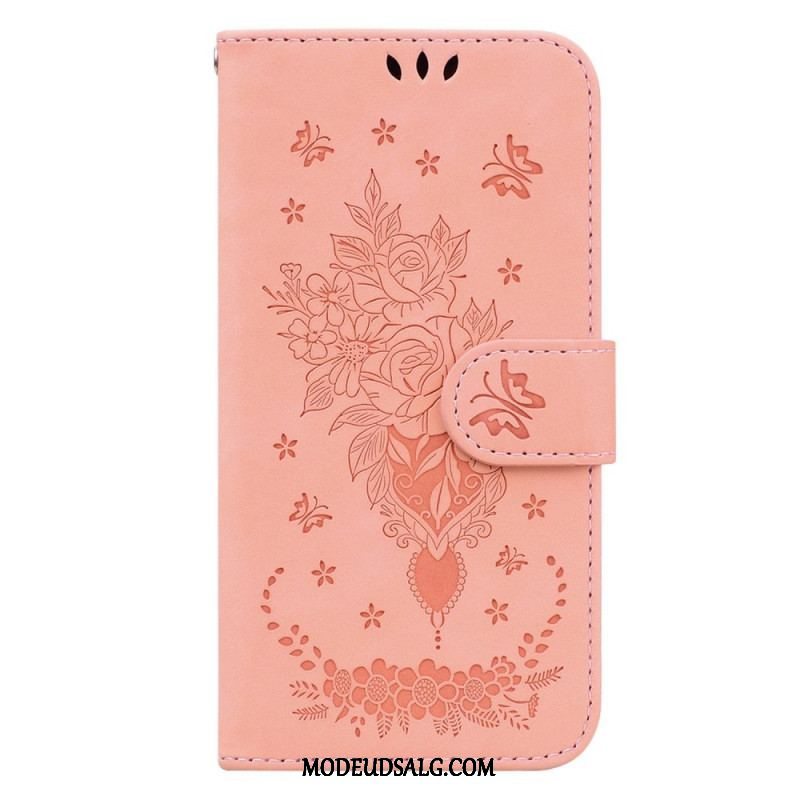 Flip Cover Xiaomi Redmi Note 12 5G Med Snor Strappy Roser Og Sommerfugle