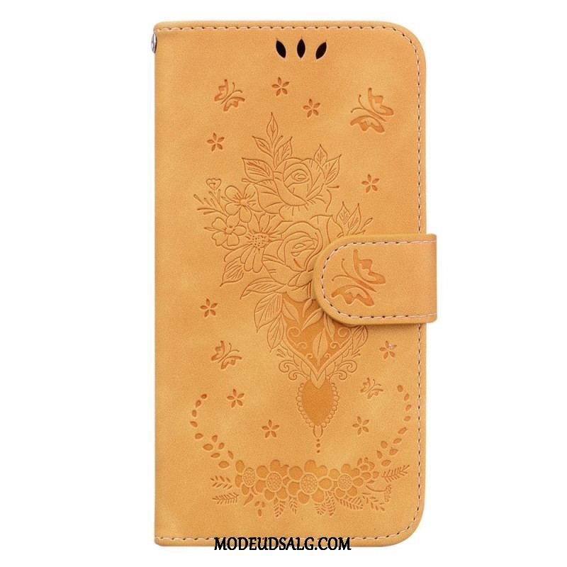 Flip Cover Xiaomi Redmi Note 12 5G Med Snor Strappy Roser Og Sommerfugle