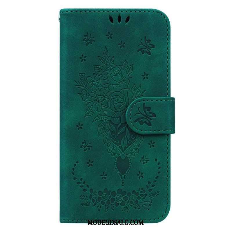 Flip Cover Xiaomi Redmi Note 12 5G Med Snor Strappy Roser Og Sommerfugle