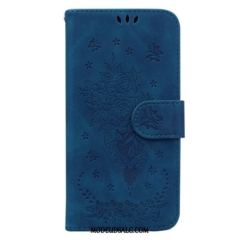 Flip Cover Xiaomi Redmi Note 12 5G Med Snor Strappy Roser Og Sommerfugle