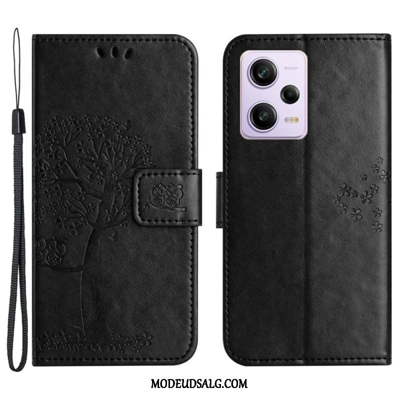 Flip Cover Xiaomi Redmi Note 12 5G Med Snor Thong Træ Og Ugler