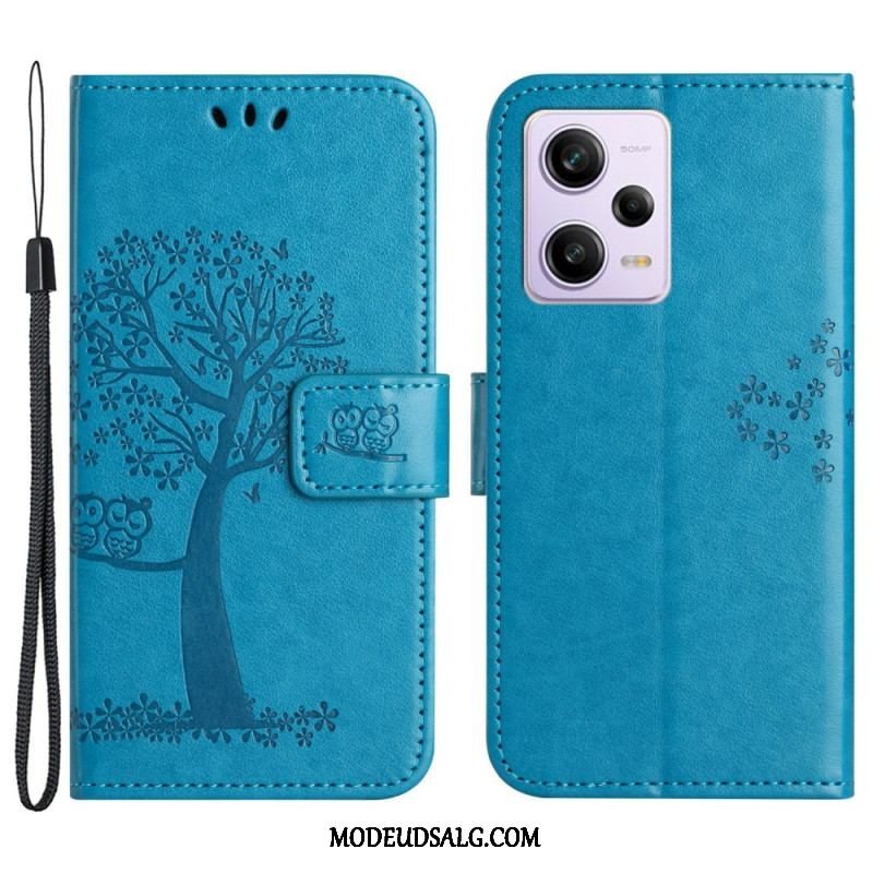 Flip Cover Xiaomi Redmi Note 12 5G Med Snor Thong Træ Og Ugler