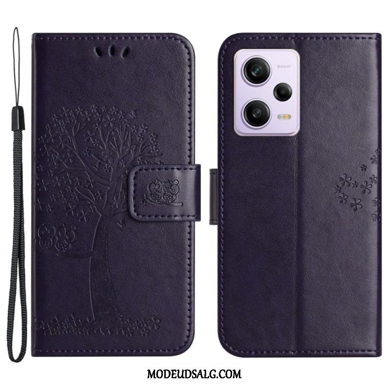 Flip Cover Xiaomi Redmi Note 12 5G Med Snor Thong Træ Og Ugler