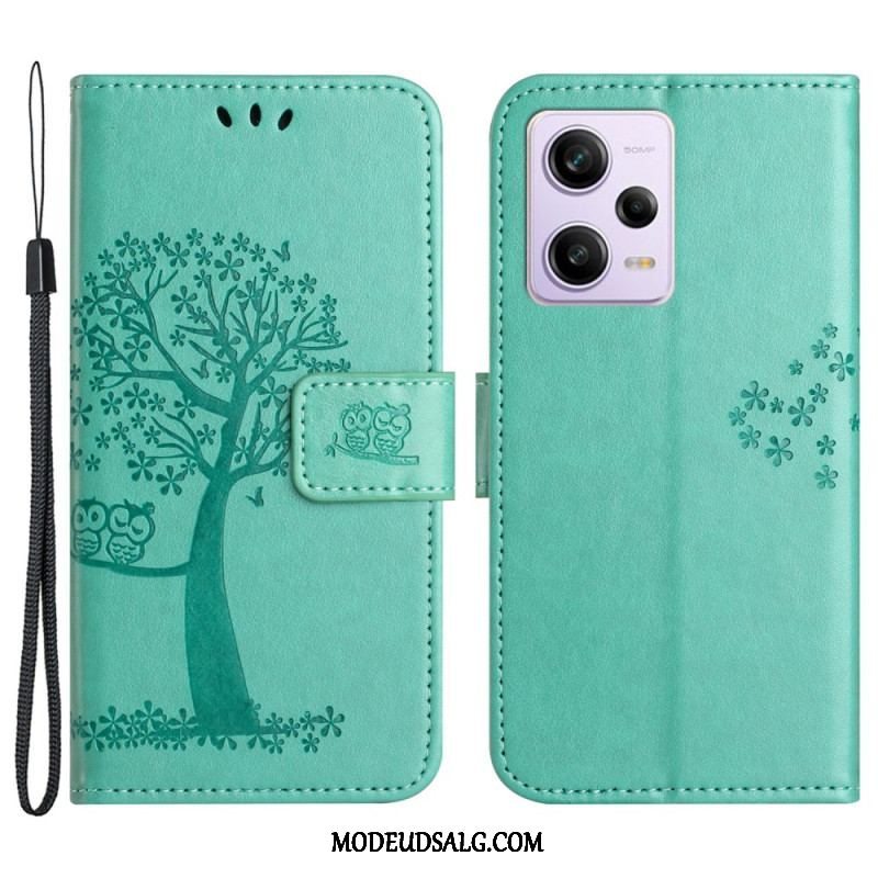 Flip Cover Xiaomi Redmi Note 12 5G Med Snor Thong Træ Og Ugler