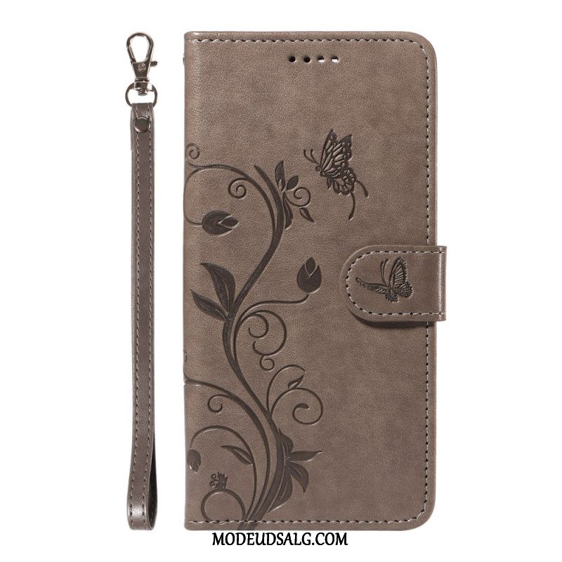 Flip Cover Xiaomi Redmi Note 13 4g Sommerfugle Og Blomster Med Snor