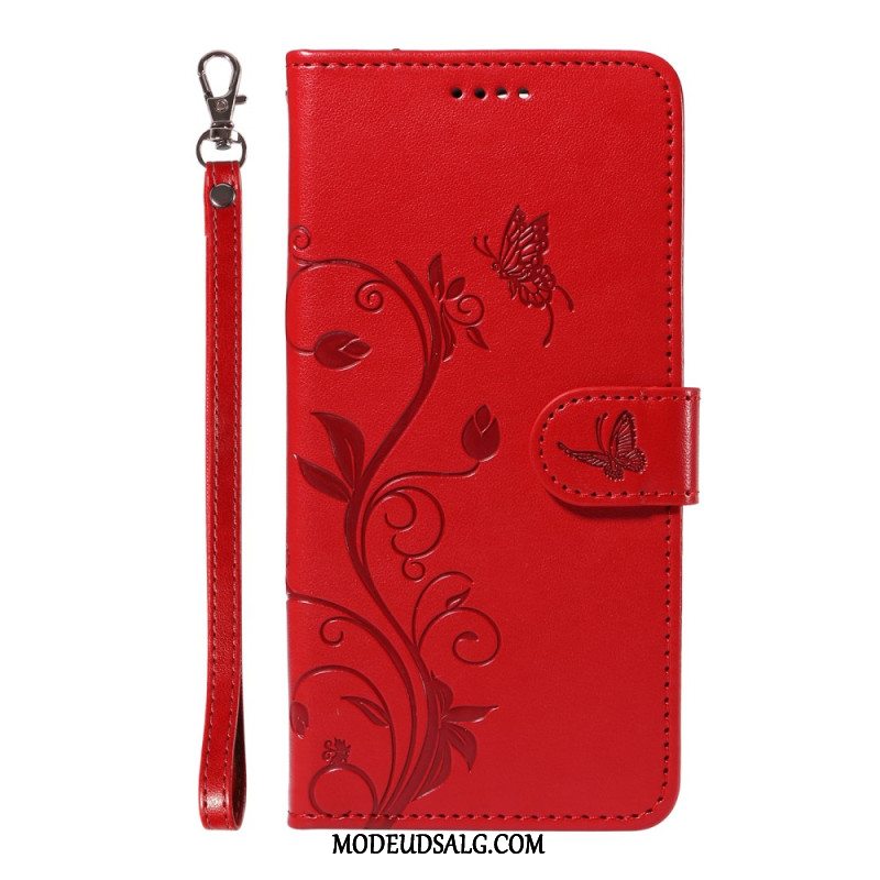 Flip Cover Xiaomi Redmi Note 13 4g Sommerfugle Og Blomster Med Snor