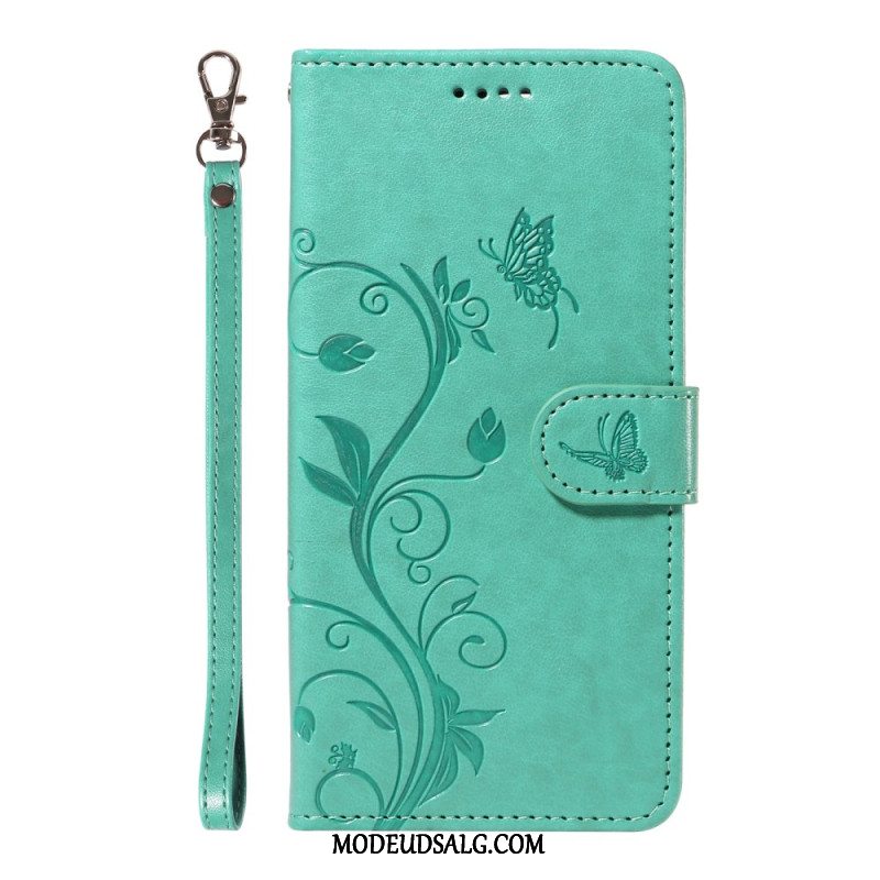 Flip Cover Xiaomi Redmi Note 13 4g Sommerfugle Og Blomster Med Snor