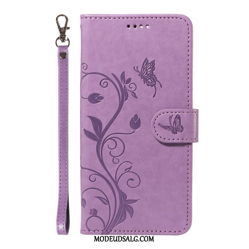 Flip Cover Xiaomi Redmi Note 13 4g Sommerfugle Og Blomster Med Snor