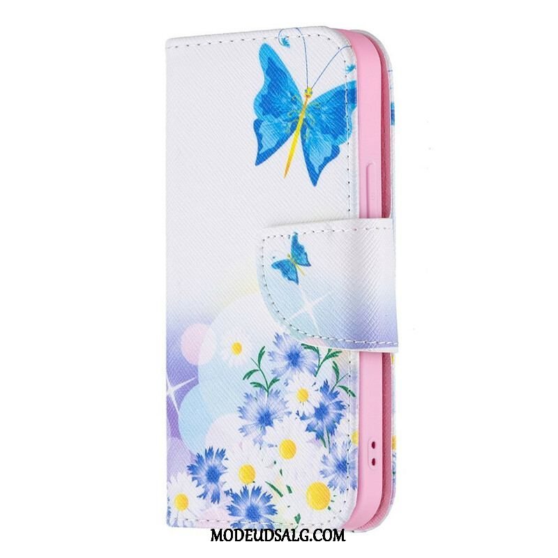 Flip Cover iPhone 13 Mini Malede Sommerfugle Og Blomster