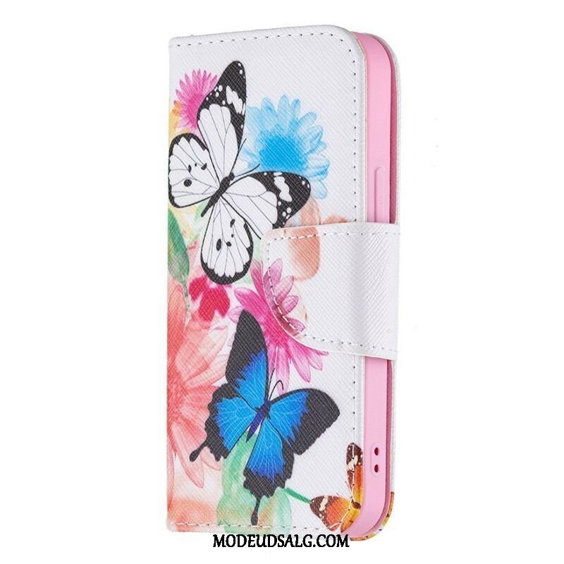 Flip Cover iPhone 13 Mini Malede Sommerfugle Og Blomster