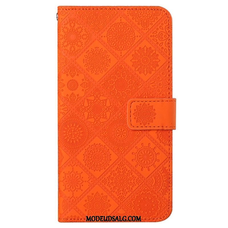 Flip Cover iPhone 14 Med Snor Rem Tapestry Mønster