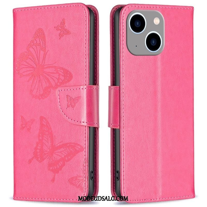 Flip Cover iPhone 14 Plus Med Snor Sommerfugle Trykt Strappy