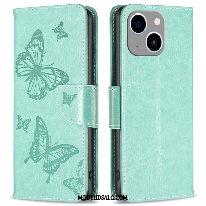 Flip Cover iPhone 14 Plus Med Snor Sommerfugle Trykt Strappy