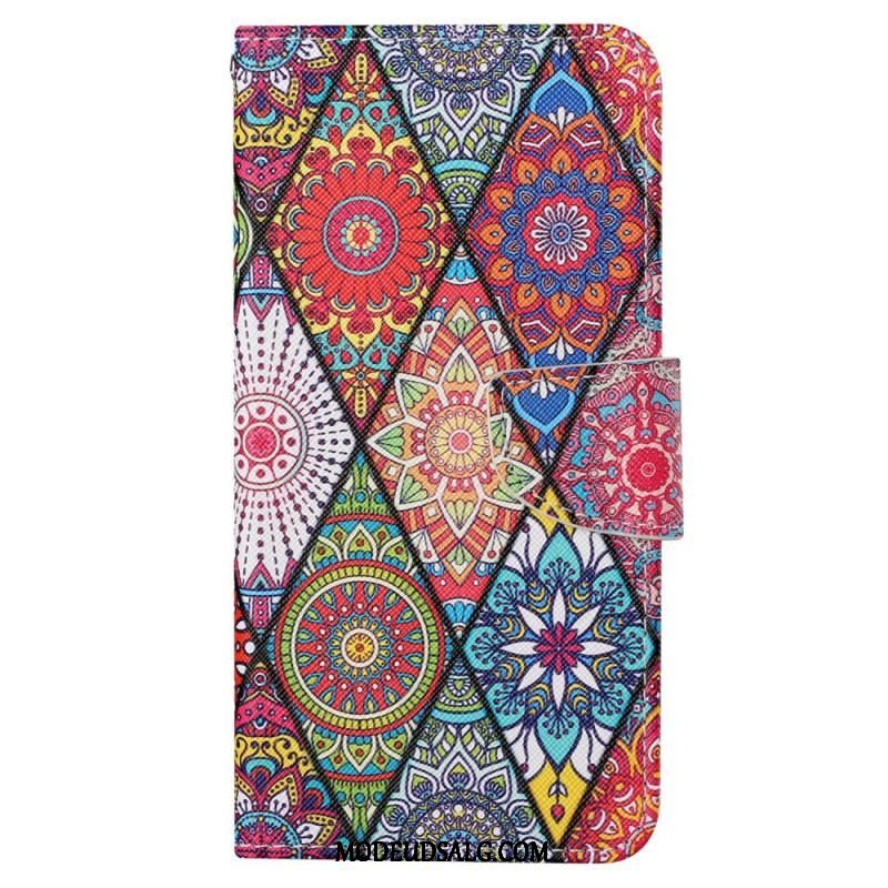 Flip Cover iPhone 15 Med Snor Smukt Patchwork Med Rem