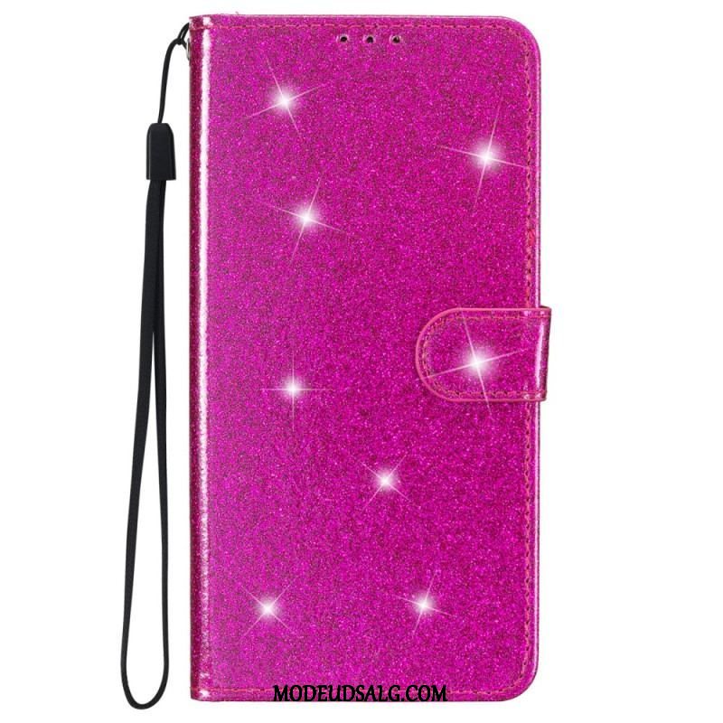 Flip Cover iPhone 15 Plus Med Snor Glittereffekt Med Rem