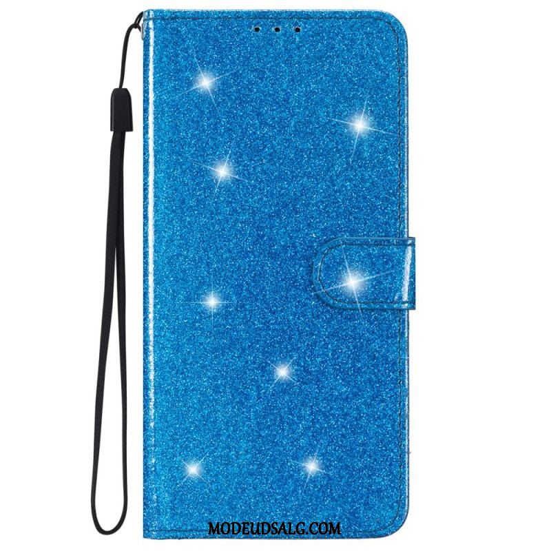 Flip Cover iPhone 15 Plus Med Snor Glittereffekt Med Rem