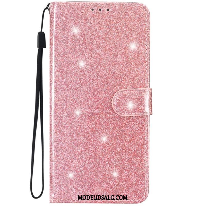 Flip Cover iPhone 15 Plus Med Snor Glittereffekt Med Rem