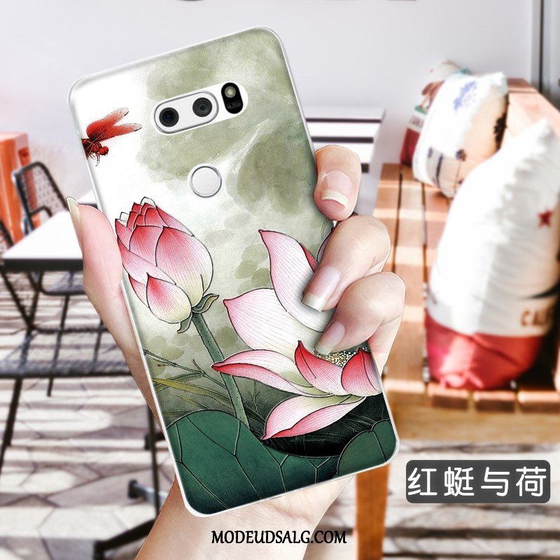 Lg V30 Etui Gennemsigtig Blomster Grøn Blød Anti-fald