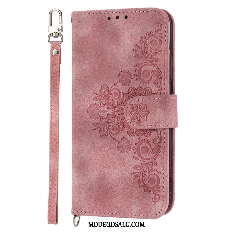 Læder Cover Huawei Nova 11 Pro Telefon Etui Blomstermønster Med Rem Og Skulderrem