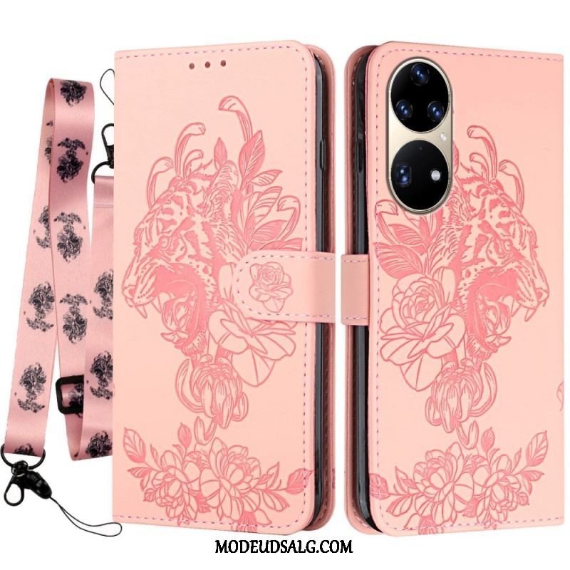 Læder Cover Huawei P50 Pro Med Snor Barok Strappy Tiger