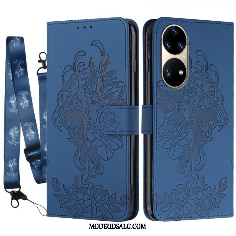 Læder Cover Huawei P50 Pro Med Snor Barok Strappy Tiger