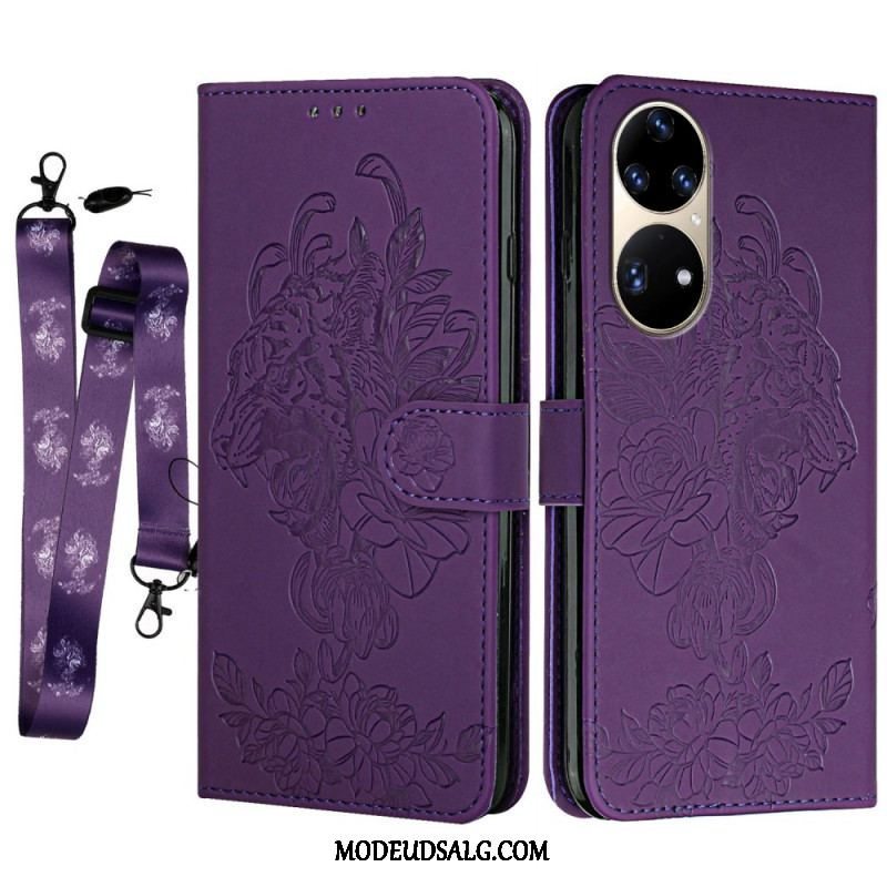 Læder Cover Huawei P50 Pro Med Snor Barok Strappy Tiger