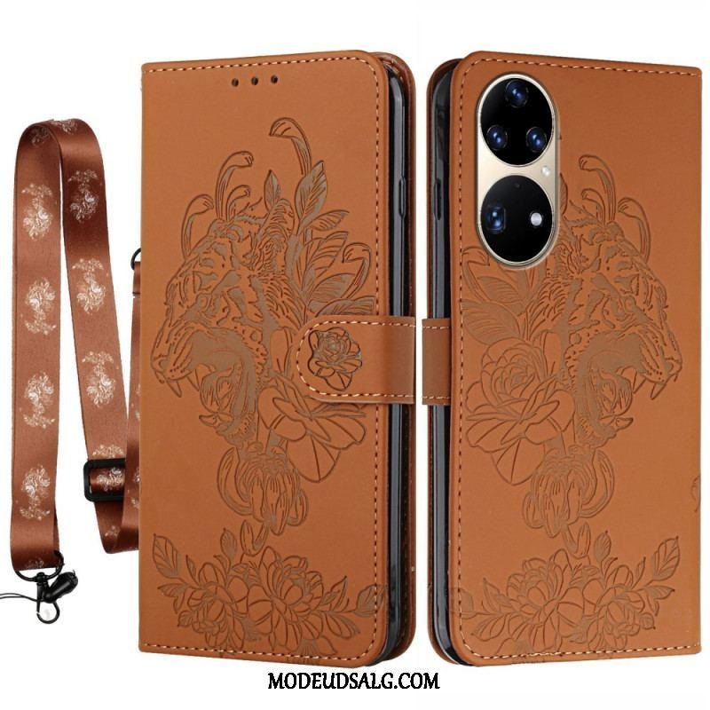 Læder Cover Huawei P50 Pro Med Snor Barok Strappy Tiger