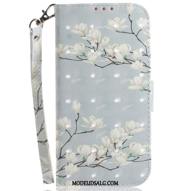 Læder Cover Moto G73 5G Med Snor Strappy Hvide Blomster