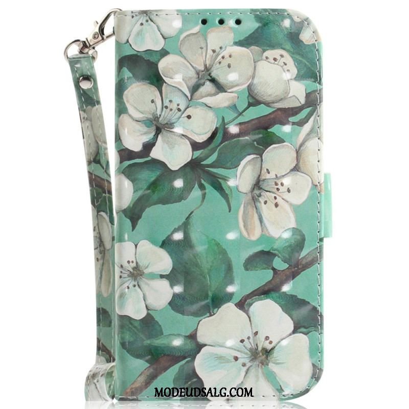 Læder Cover Moto G73 5G Med Snor Strappy Hvide Blomster