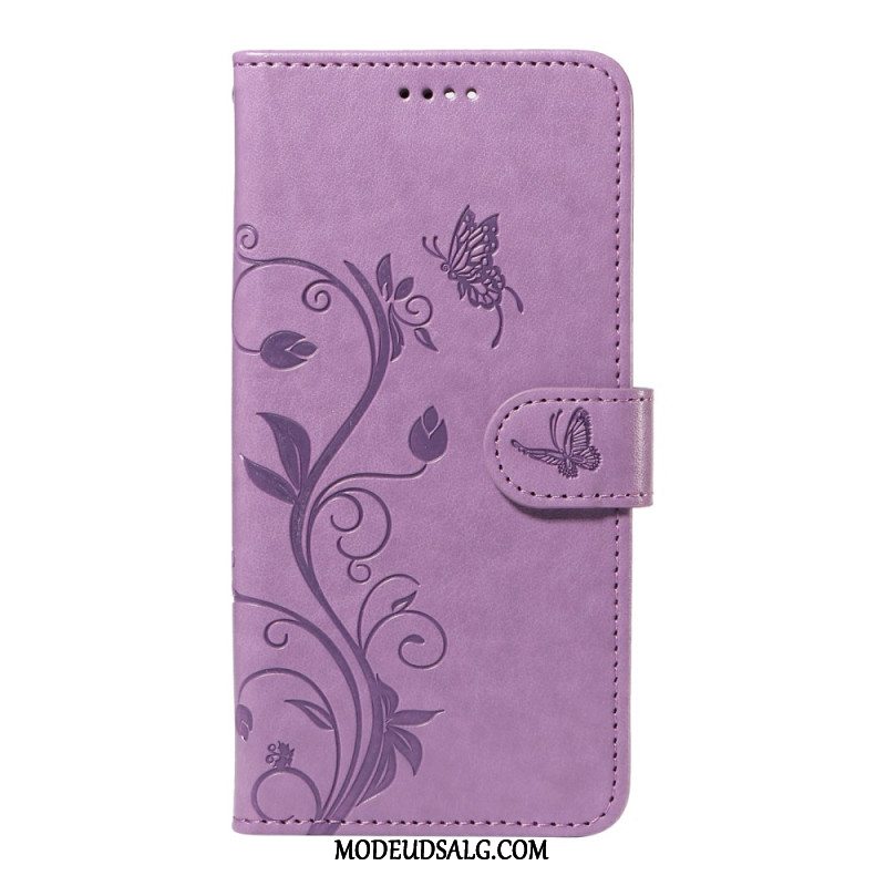 Læder Cover Motorola Edge 50 Pro Telefon Etui Sommerfugle Og Blomster