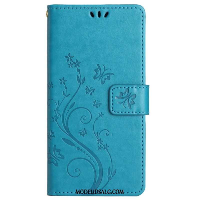 Læder Cover Motorola Edge 50 Pro Telefon Etui Sommerfugle Og Blomster Med Rem