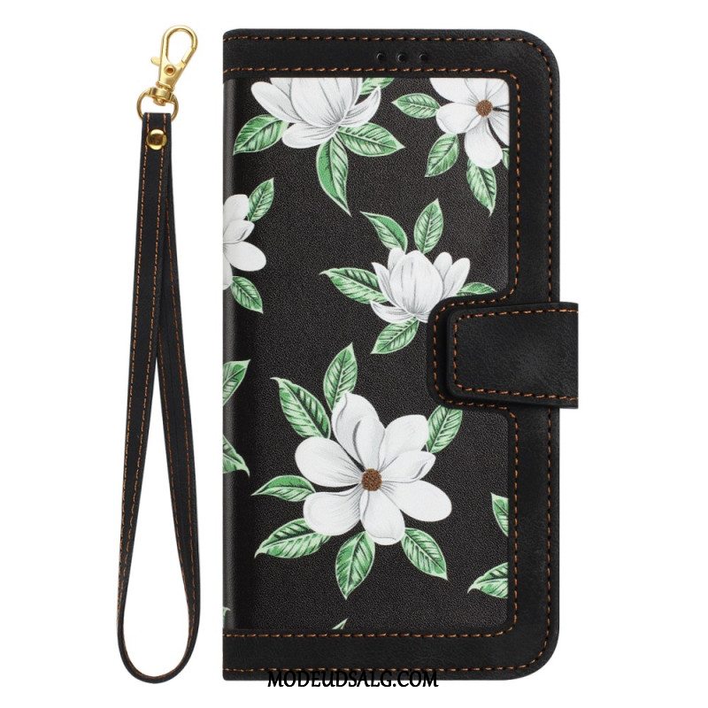 Læder Cover Samsung Galaxy A55 5g Telefon Etui Blomstermønster Med Rem