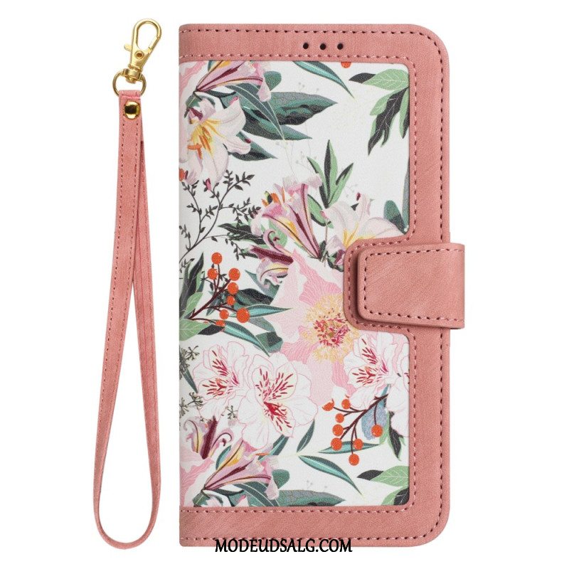 Læder Cover Samsung Galaxy A55 5g Telefon Etui Blomstermønster Med Rem