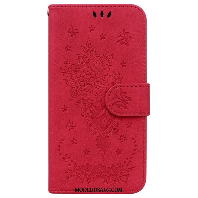 Læder Cover Samsung Galaxy A55 5g Telefon Etui Rose Og Sommerfugle Mønster