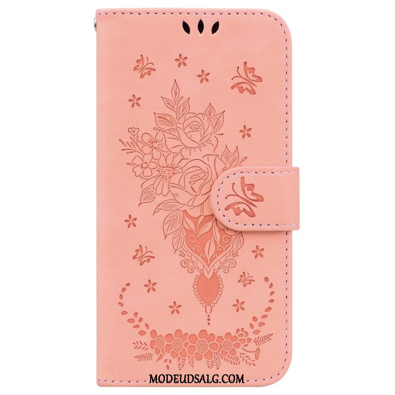 Læder Cover Samsung Galaxy A55 5g Telefon Etui Rose Og Sommerfugle Mønster