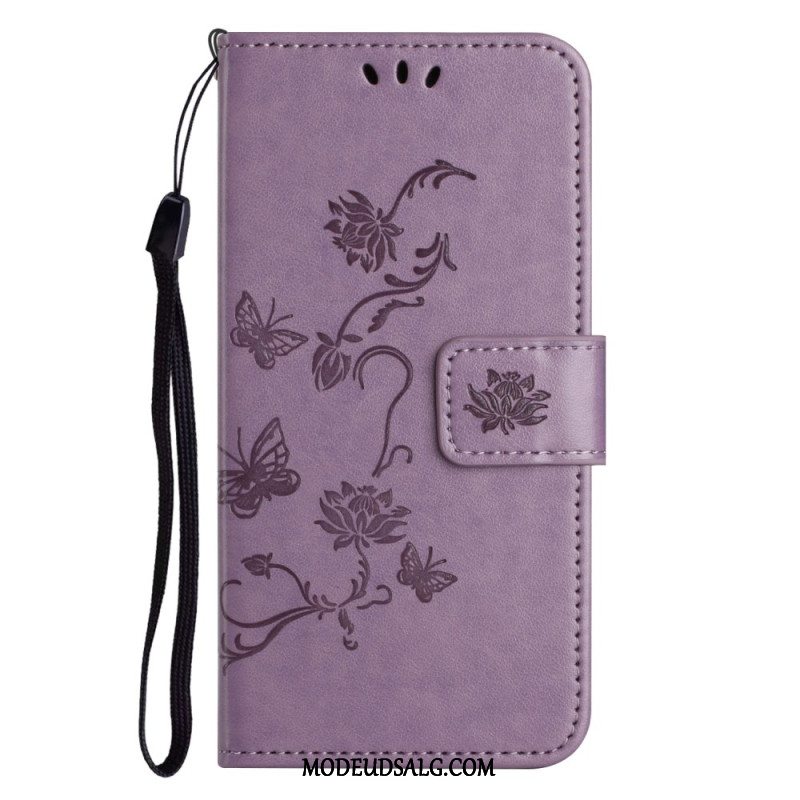 Læder Cover Samsung Galaxy A55 5g Telefon Etui Sommerfugle Og Blomsterdesign Med Snor