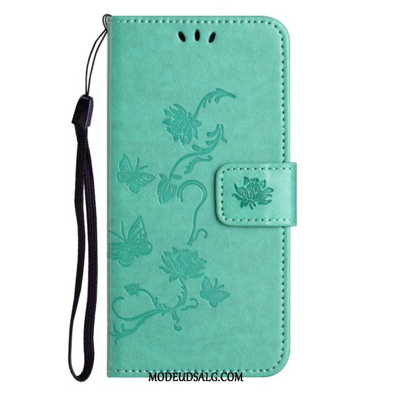 Læder Cover Samsung Galaxy A55 5g Telefon Etui Sommerfugle Og Blomsterdesign Med Snor