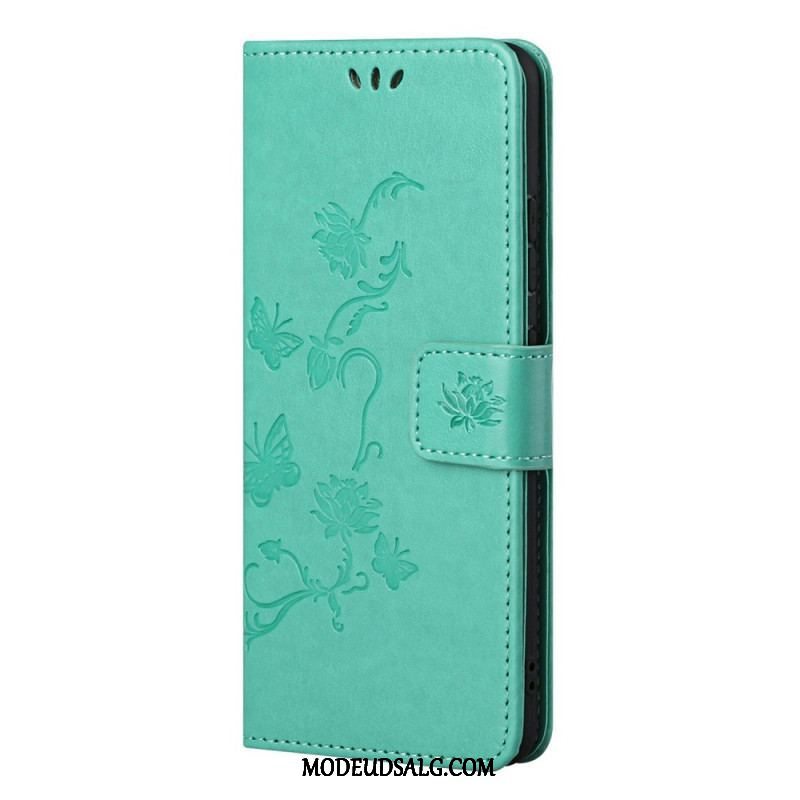 Læder Cover Samsung Galaxy M52 5G Med Snor Sommerfugle Og Blomsterrem